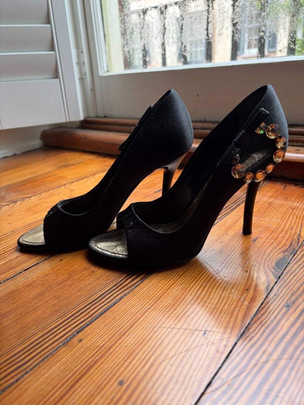 Vintage Louis Vuitton Black Silk Peep Toe Heel, Bow and Crystal Detailing